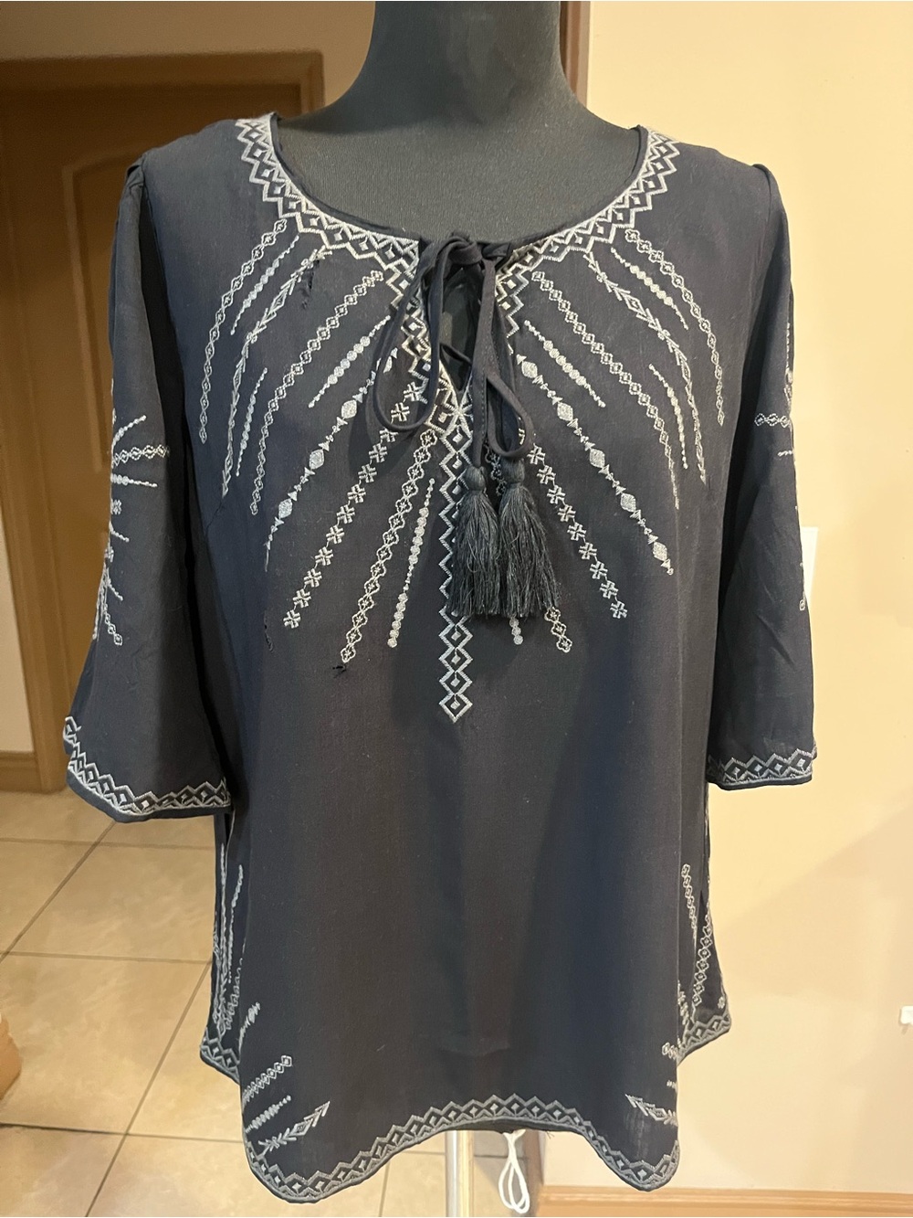 Savanna Jane Navy Tunic with White Embroidered Detail and Tassel Tie